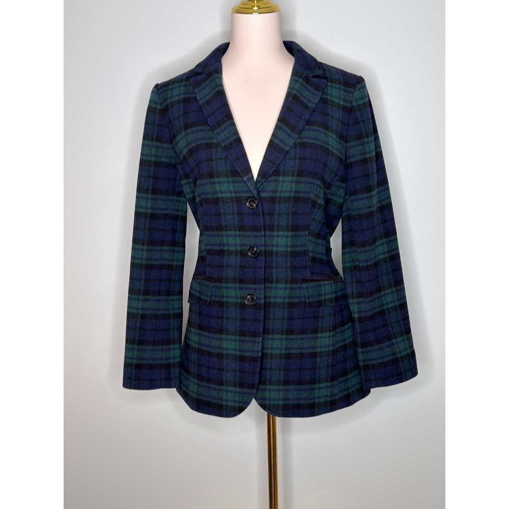 Talbots Black Watch Plaid Wool Blend Blazer Green Navy Sz 10